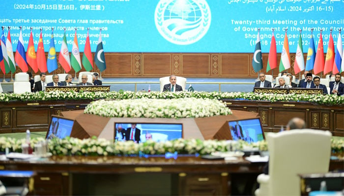 PM Shehbaz Sharif addressing Shanghai Cooperation Organisations (SCO) Council of the Heads of Government (CHG) meeting at Jinnah Convention Centre on October 16, 2024. — PID