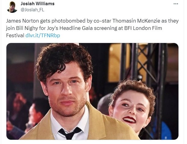 James Norton surprised by costar Thomasin McKenzie during Joy screening