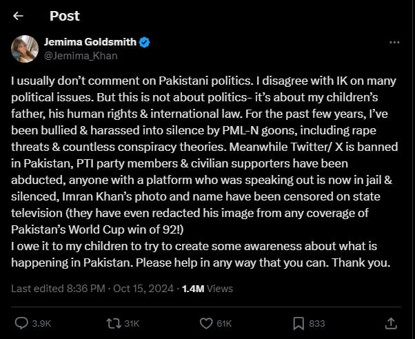 A screenshot of post shared by Jemima. — X/@Jemima_Khan