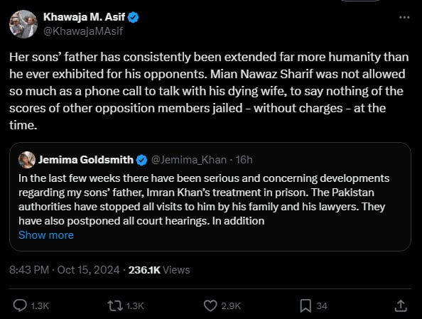 A screenshot of post shared by Khawaja Asif. — X/@KhawajaMAsif