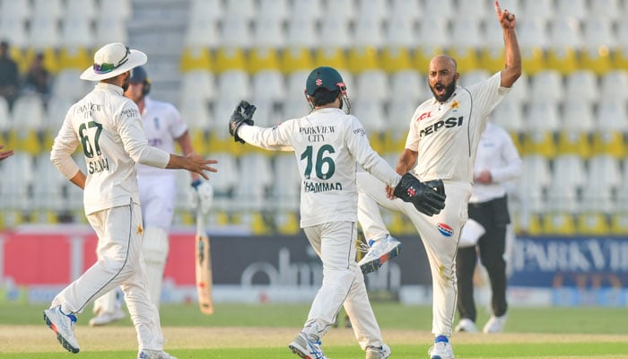 Sajid Khan celebrates after taking a wicket against England on day 2 of the second Test at Multan Cricket Stadium on October 16, 2024. — PCB