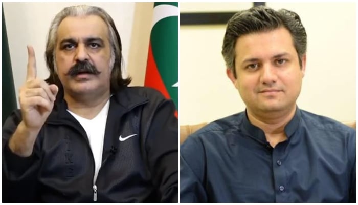 Khyber Pakhtunkhwa Chief Minister Ali Amin Gandapur (left) and senior leader Hammad Azhar. — Screengrab via Geo News/Facebook/Barrister Hammad Azhar