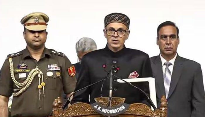 Omar Abdullah taking oath as the chief minister of IIOJK, on October 16, 2024. — Hindustan Times