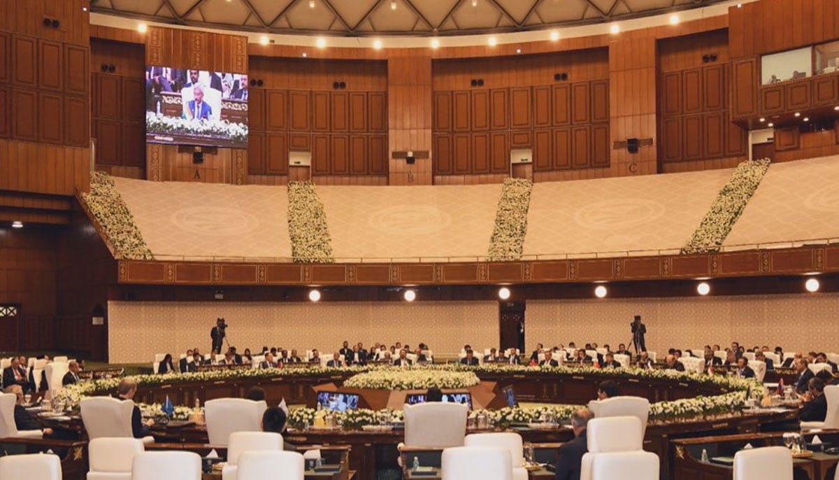 An inside view of the Jinnah Convention Centre with SCO summit underway in Islamabad on October 16, 2024. — @DrSJaishankar