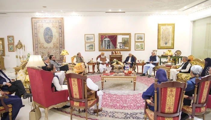 Leaders of PPP, PML-N and JUI-F are seen in a meeting at the Sharif familys residence on Oct 16, 2024. — The News via Usman Bhatti