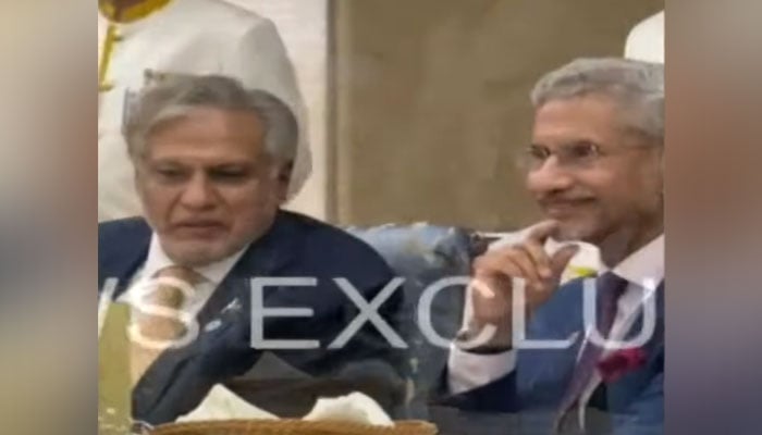 Deputy Prime Minister Ishaq Dar and Indian External Affairs Minister Dr S Jaishankar seen having a chit chat on the sidelines of the SCO summit in Islamabad on October 16, 2024. — Screengrab via YouTube/Geo News Live