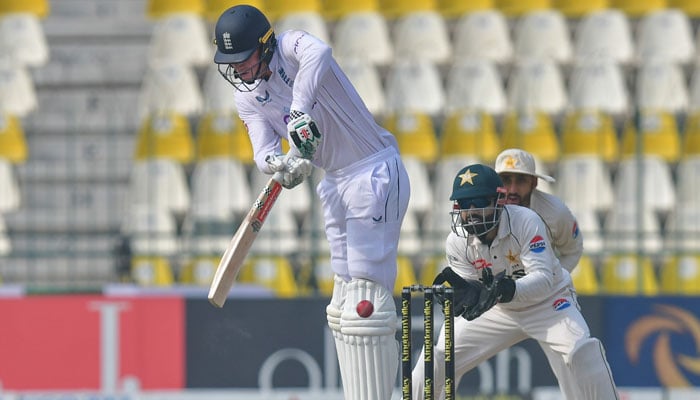 An England batter plays a shot during the second day of the second Test against Pakistan at Multan Cricket Stadium on October 16, 2024. — PCB