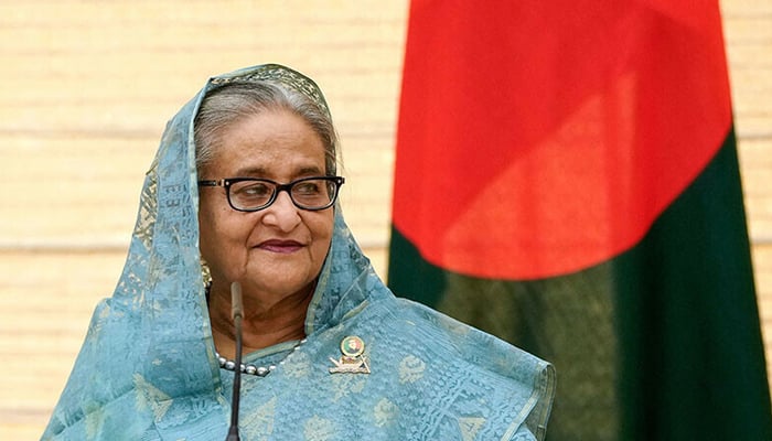 Bangladesh’s former prime minister Sheikh Hasina speaks during a press statement in Tokyo on April 26, 2023. — AFP