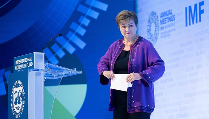 IMF Managing Director Kristalina Georgieva departs after delivering a curtain raiser speech on the outlook for the global economy and policy priorities ahead of the 2024 Annual Meetings of the IMF and the World Bank Group in Washington, DC, October 17, 2024. — AFP