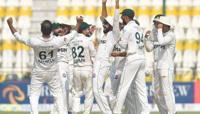 Pakistan team celebrate during the fourth day of the second Test in Multan, on October 18, 2024. — PCB