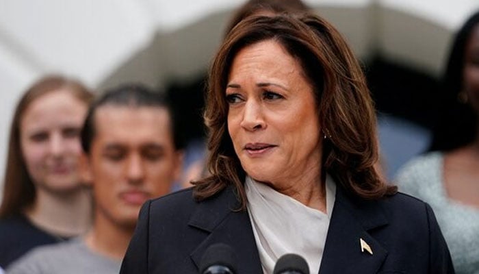 US Vice President Kamala Harris addresses the women's and men's National Collegiate Athletic Association (NCAA) champion teams in her first public appearance since President Joe Biden dropped out of the 2024 race, on the South Lawn of the White House, Washington, US. July 22, 2024 - Reuters.