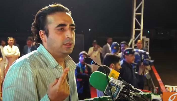 Pakistan Peoples Party (PPP) Chairman Bilawal Bhutto-Zardari addressing a public rally in Hyderabad on October 18, 2024. — YouTube/screengrab/Geo News