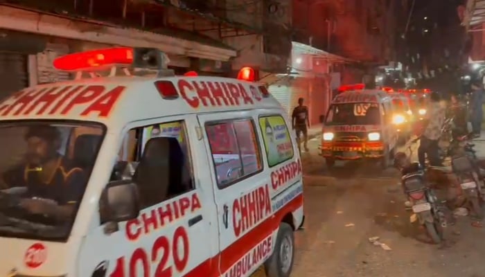 Ambulances entering the Bantwa Gali street where the murder incident took place in Lea Market, Karachi, on October 18, 2024. —Screengrab/ Reporter