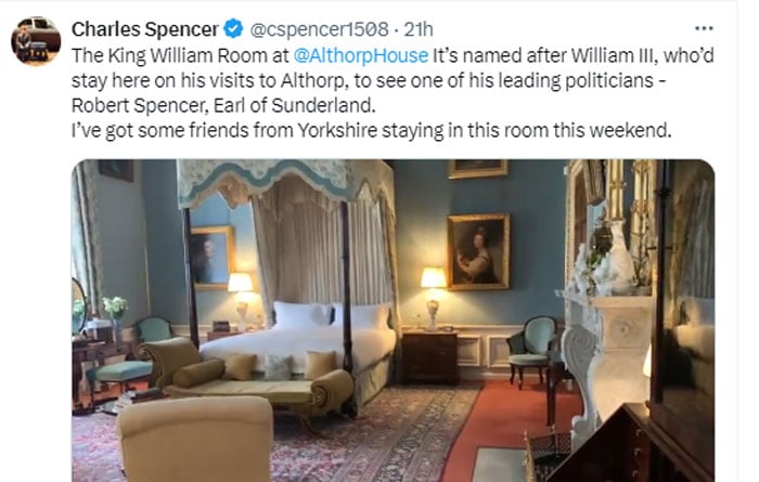 Le frère de la princesse Diana révèle la chambre du roi William à Althorp House