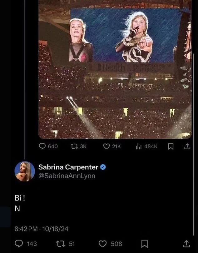 Sabrina Carpenter reacted to Taylor Swift's new Eras Tour outfits