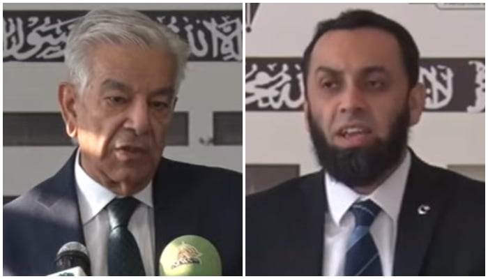 Defence Minister Khawaja Asif (left) and Federal Information Minister Attaullah Tarar address separate press conferences outside parliament on October 19, 2024. — Screengrab via Geo News