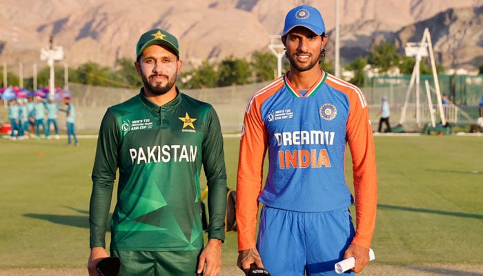 Pakistan Shaheens captain Mohammad Haris (L) and his Indian counterpart Tilak Varma pictured after the toss during their encounter at the ACC Emerging Teams Asia Cup 2024 on October 19, 2024. — PCB