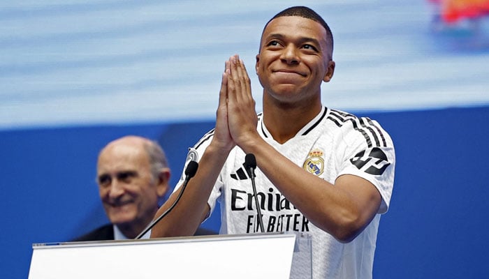 Kylian Mbappe, new signing of Real Madrid, speaks to the crowd during the presentation at the Santiago Bernabeu, Madrid, Spain on July 16, 2024. — Reuters