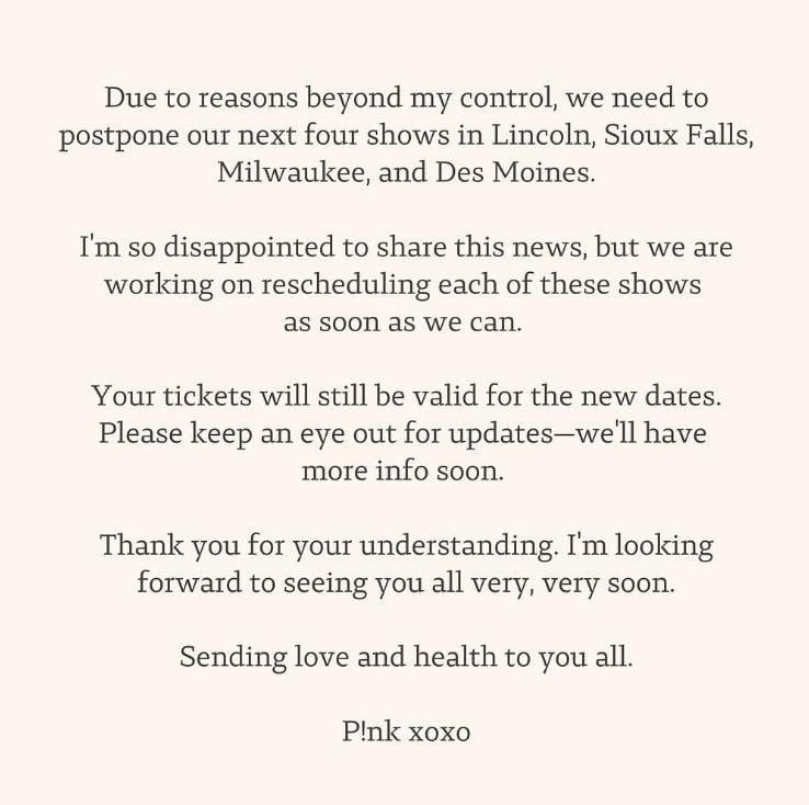 Pink sparks concern amongst fans after cancelling four tour shows