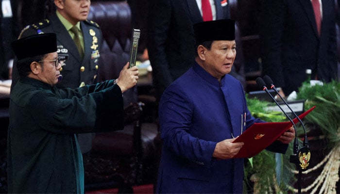 Indonesias new President Prabowo Subianto is sworn in during his presidential inauguration at the House of Representatives building in Jakarta, Indonesia October 20, 2024. — Reuters