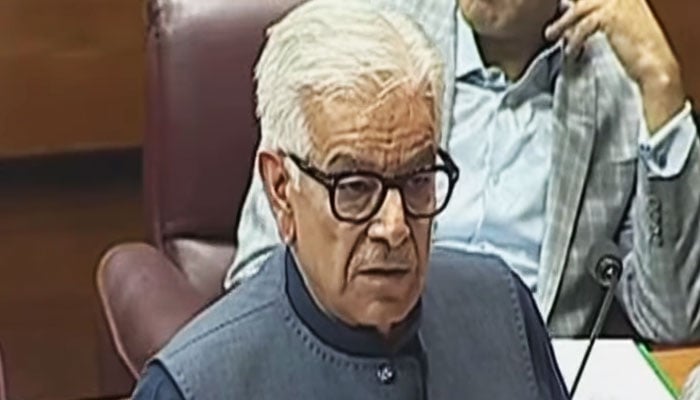 Defence Minister Khawaja Asif addresses the National Assembly. — YouTube/Geo News/screengrab