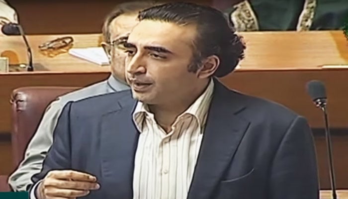 Pakistan Peoples Party leader Bilawal Bhutto-Zardari addresses the National Assembly. — YouTube/Geo News/screengrab