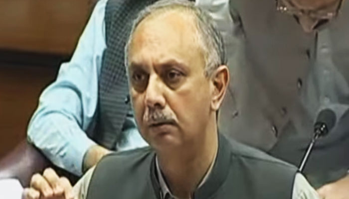 Opposition Leader Omar Ayub addresses the National Assembly. — YouTube/Geo News/screengrab