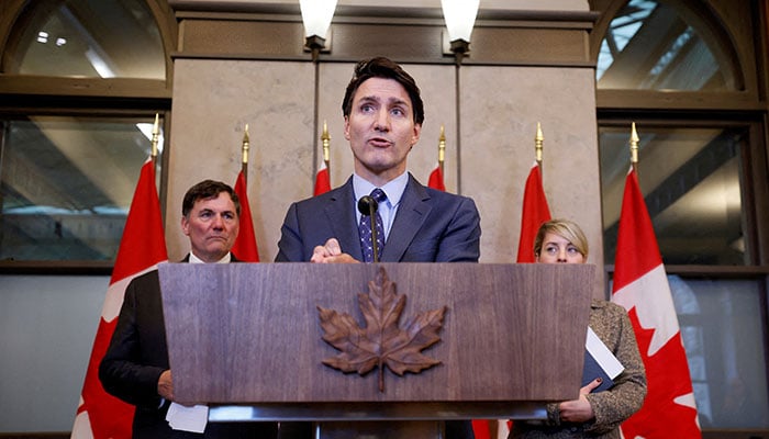 Perdana Menteri Kanada Justin Trudeau mengambil bagian dalam konferensi pers di Parliament Hill di Ottawa, Ontario, Kanada pada 14 Oktober 2024. — Reuters