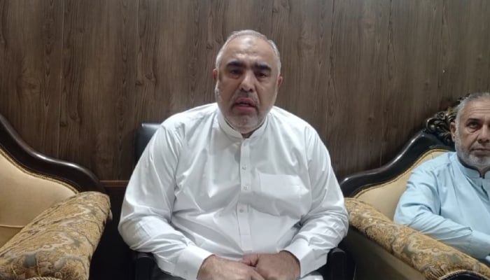 Pakistan Tehreek-e-Insafs (PTI) senior leader Asad Qaiser recording a video message on October 20, 2024. —Screengrab/ Facebook/ @SpeakerAsadqaiser