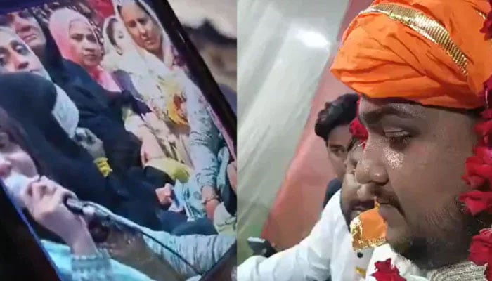 Mohammad Abbas Haider (right), son of BJP corporator Tahseen Shahid, marries Andleep Zahra, a resident of Lahore via an online video meeting. — Screengrab from X @govindprataps12