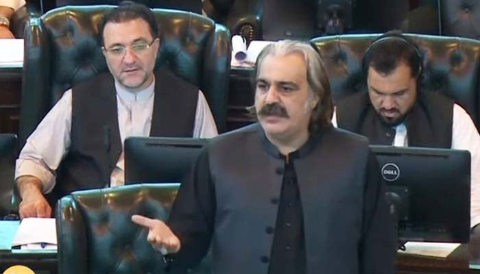 Khyber Pakhtunkhwa Chief Minister Ali Amin Gandapur addresses the provincial assembly on October 21, 2024. — YouTube/Geo News/screengrab