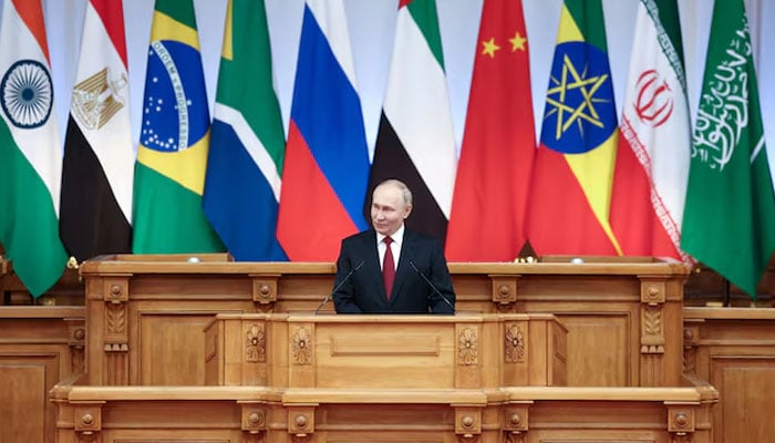 Russian President Vladimir Putin speaks at the BRICS Parliamentary Forum in Saint Petersburg, Russia, July 11, 2024. – Reuters