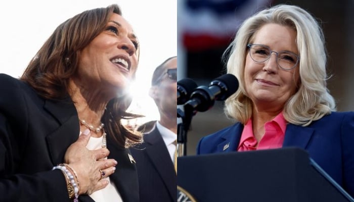 Former Congresswoman Liz Cheney (right) attends a campaign event with Democratic presidential nominee and U.S. Vice President Kamala Harris (left) in Ripon, Wisconsin, U.S., October 3, 2024. REUTERS