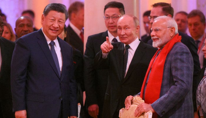 Chinese President Xi Jinping (left), Russian President Vladimir Putin (centre) and Indian Prime Minister Narendra Modi attend a concert before an informal dinner on the sidelines of the BRICS Summit in Kazan, Russia October 22, 2024. — Reuters