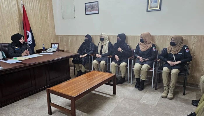 First SP in Balakot Police Division Rashim Jehangir speaks at a meeting of female constables and sub-inspectors in Balakot on October 21, 2024. — Facebook@SPreshamjehangir