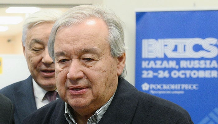 UN Secretary General Antonio Guterres takes part in a welcoming ceremony at an airport as he arrives to attend the BRICS Summit in Kazan, Russia, October 23, 2024. — Reuters