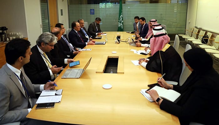 Finance Minister Muhammad Aurangzeb and Saudi Minister of Finance Mohammed Aljadaan hold meeting on sidelines of the World Bank-IMF Annual Meetings in Washington DC on October 23, 2024. — Ministry of Finance