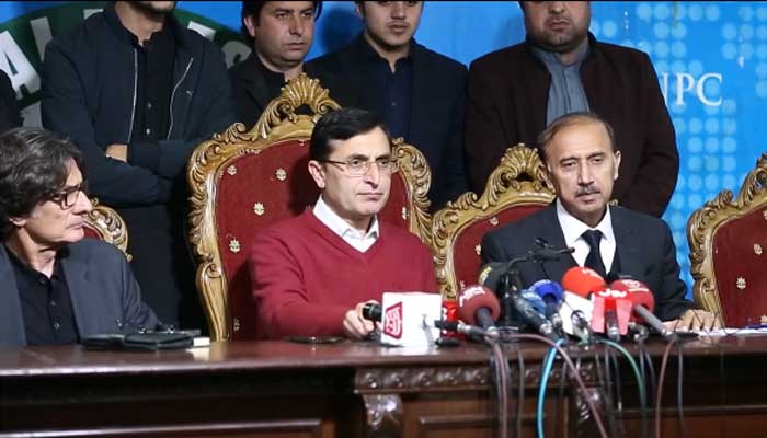 PTI leaders Barrister Gohar (centre) and Shoaib Shaheen (right) addressing a press conference in this undated image. — Instagram/shoaibshaheenofficial1