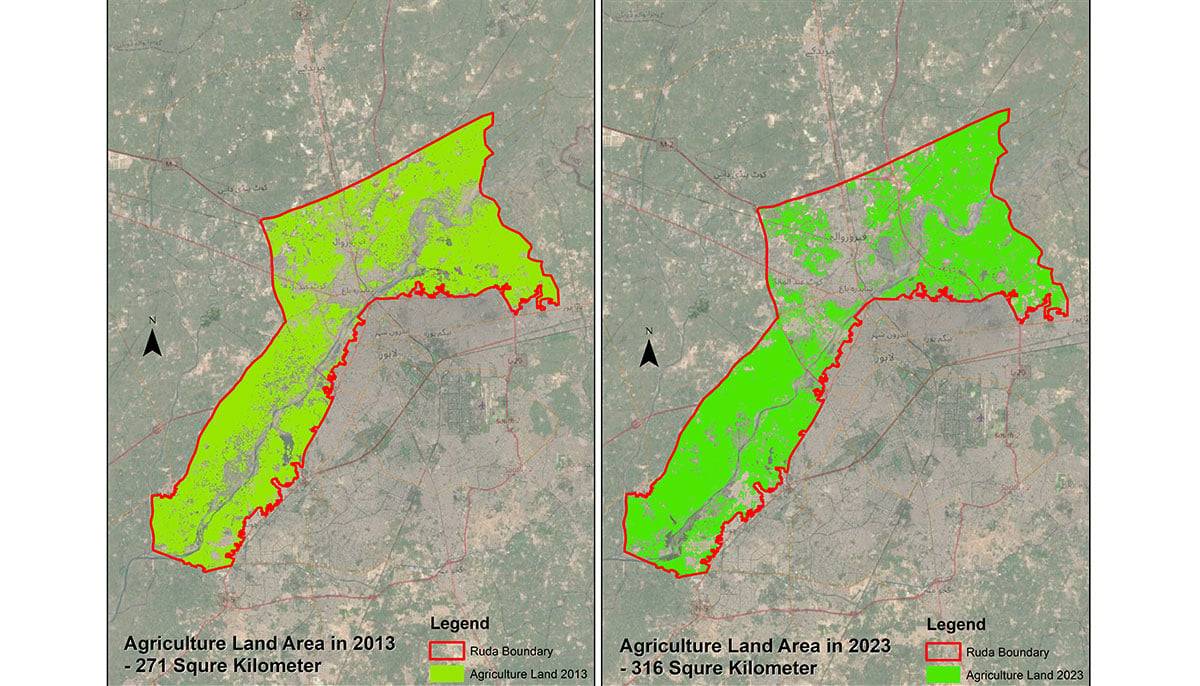 A satellite image of the land where RUDA plans to build the new city. A comparison of agricultural land from 2013 (left) to the extent of development by RUDA in 2023 (right). — Photo via author