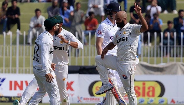 Pakistans Sajid Khan celebrates after taking the wicket of Englands Harry Brook during the toss for the third Test against Pakistan at Rawalpindi Cricket Stadium on October 24, 2024. — Reuters