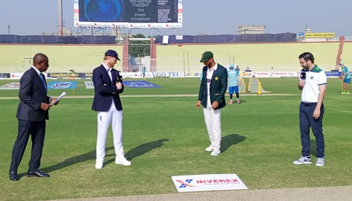 England captain Ben Stokes (second left) and Pakistans skipper Shan Masood pictured during the toss for the third Test against Pakistan at Rawalpindi Cricket Stadium on October 24, 2024. — Facebook@PakistanCricketBoard