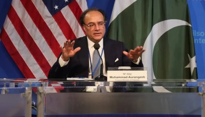 Finance Minister Muhammad Aurangzeb speaking at the Wilson Center in Washington DC on October 23, 2024. —Instagram/ @finance_ministry