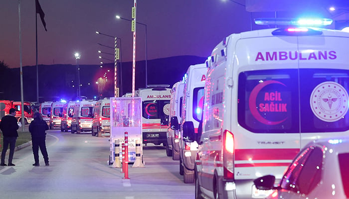 Ambulances line up at the entrance of the headquarters of Turkeys aviation company TUSAS, where people were killed and over a dozen others wounded in an attack, near Kahramankazan, a town of Turkish capital Ankara, Turkey, October 23, 2024. — Reuters