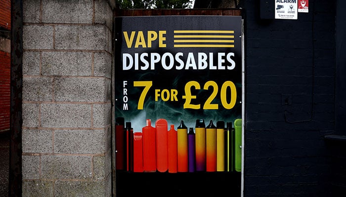 A disposable vape advertisement is seen in Newcastle-under-Lyme, Britain, September 14, 2023. — Reuters