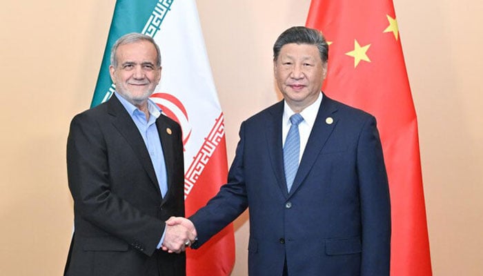 President Xi Jinping welcomes Iranian President Masoud Pezeshkian to the BRICS economic grouping. — X/@CCTV