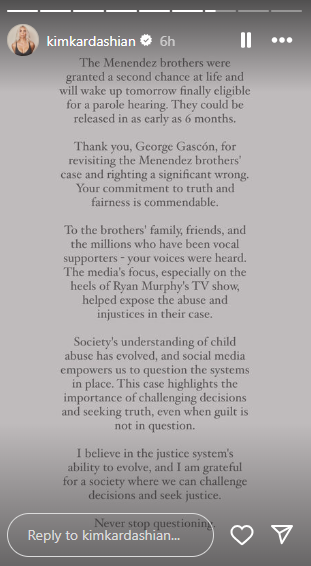 Kim Kardashian celebrates Menendez brothers second chance at life