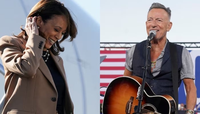 Bruce Springsteen performs during a rally for Democratic presidential nominee U.S. Vice President Kamala Harris in Atlanta, Georgia, U.S., October 24, 2024. REUTERS