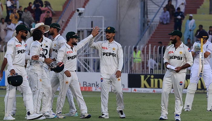 Pakistan Test team at the end of the second day of the third Test against England on October 25, 2024 at the Rawalpindi Cricket Stadium. — Reuters