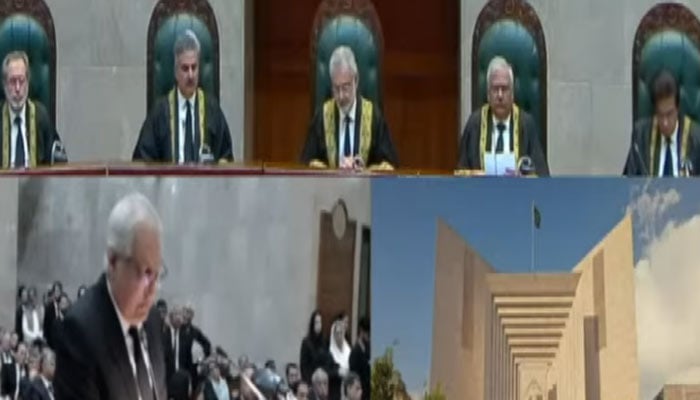 Supreme Court judges including CJP Qazi Faez Isa seen during the full court reference at the apex court.