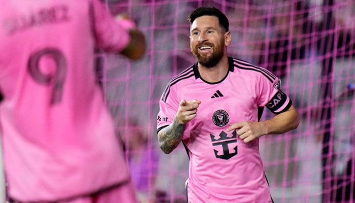 Inter Miamis Lionel Messi celebrates scoring during the second half against the New England Revolution at Chase Stadium in Fort Lauderdale, Florida, US on October 19, 2024. — Reuters